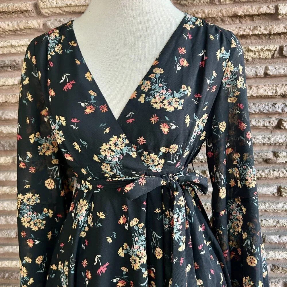 Free People Lilou Black Retro Floral Skater Mini Dress Size Small